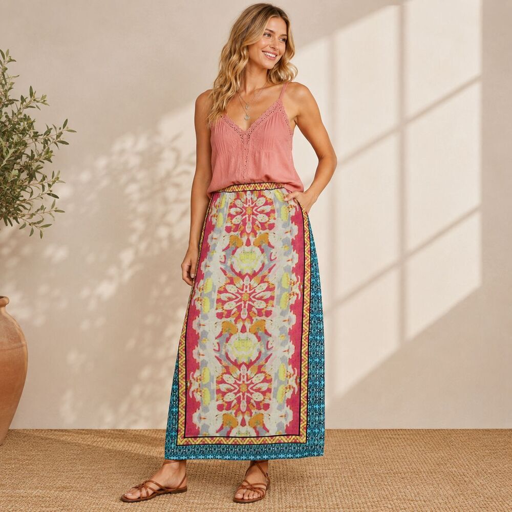 Sundance Maxi Skirt XS 100% Modal Boho Floral Border Print Pull On Elastic Waist